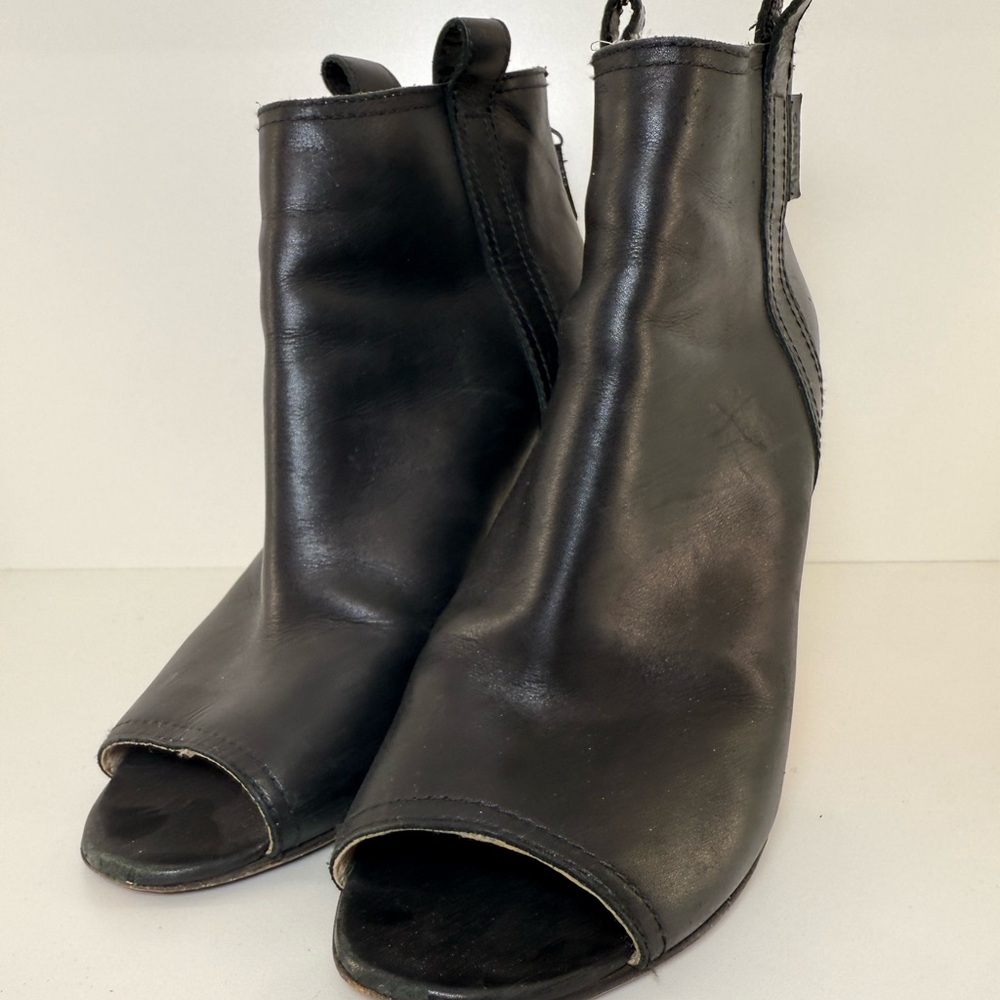 Pre Owned CHANEL Black Leather Peep-Toe Wedges - Picture 2 of 8